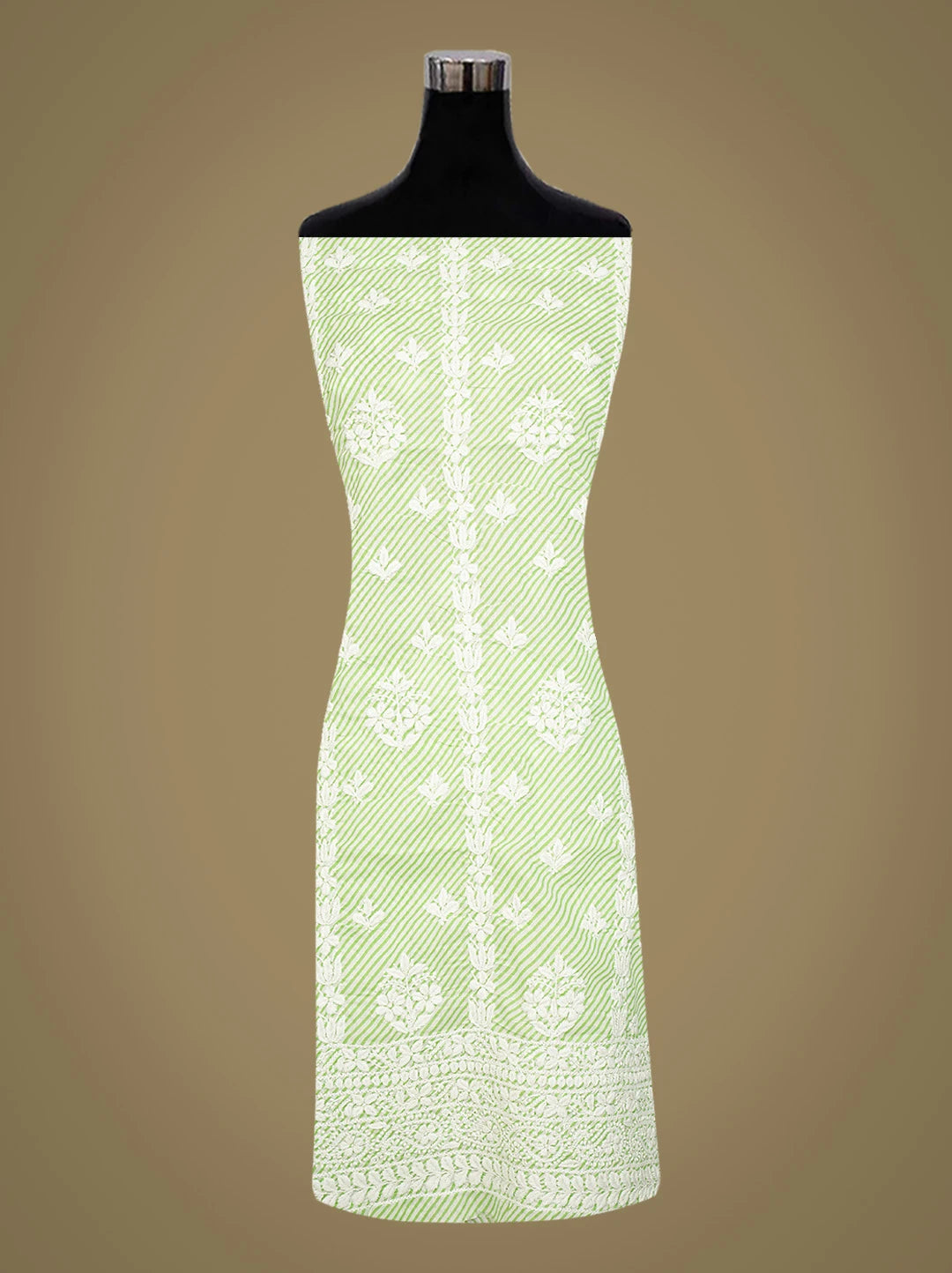 Ada Hand Embroidered Green and White Lehariya Print Cotton Lucknowi Chikankari Unstitched Kurta Piece 01A799494