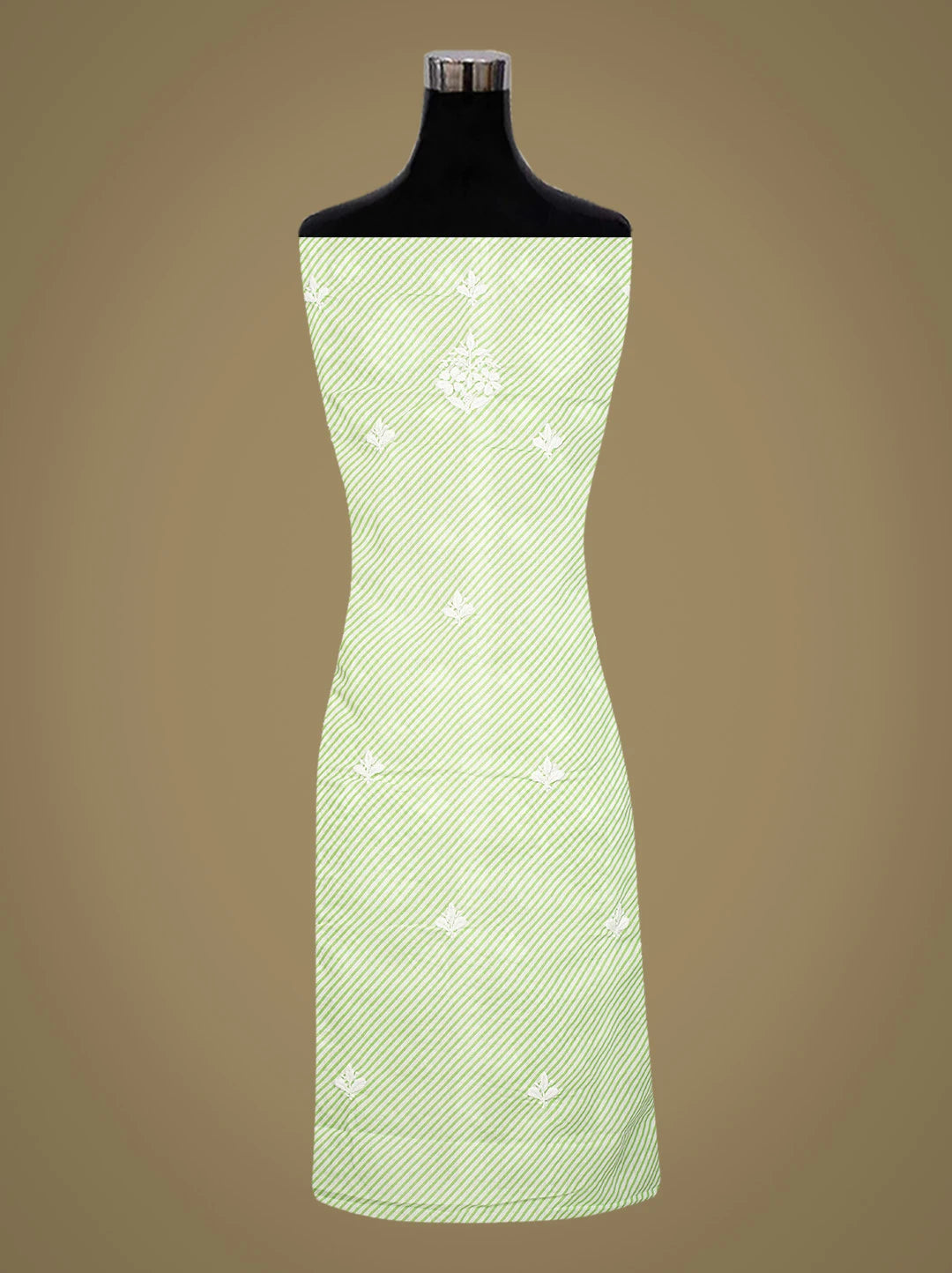Ada Hand Embroidered Green and White Lehariya Print Cotton Lucknowi Chikankari Unstitched Kurta Piece 01A799494