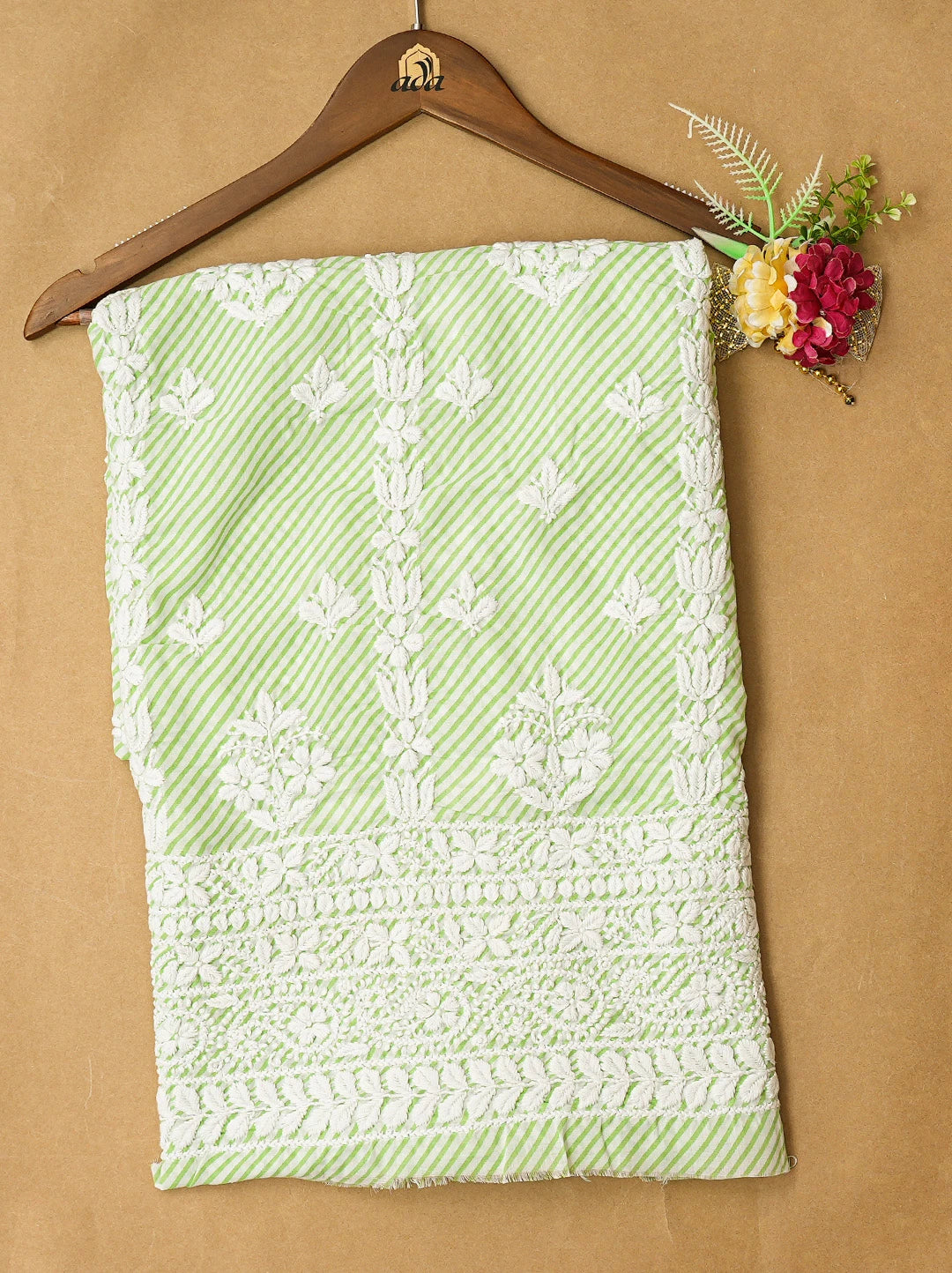 Ada Hand Embroidered Green and White Lehariya Print Cotton Lucknowi Chikankari Unstitched Kurta Piece 01A799494