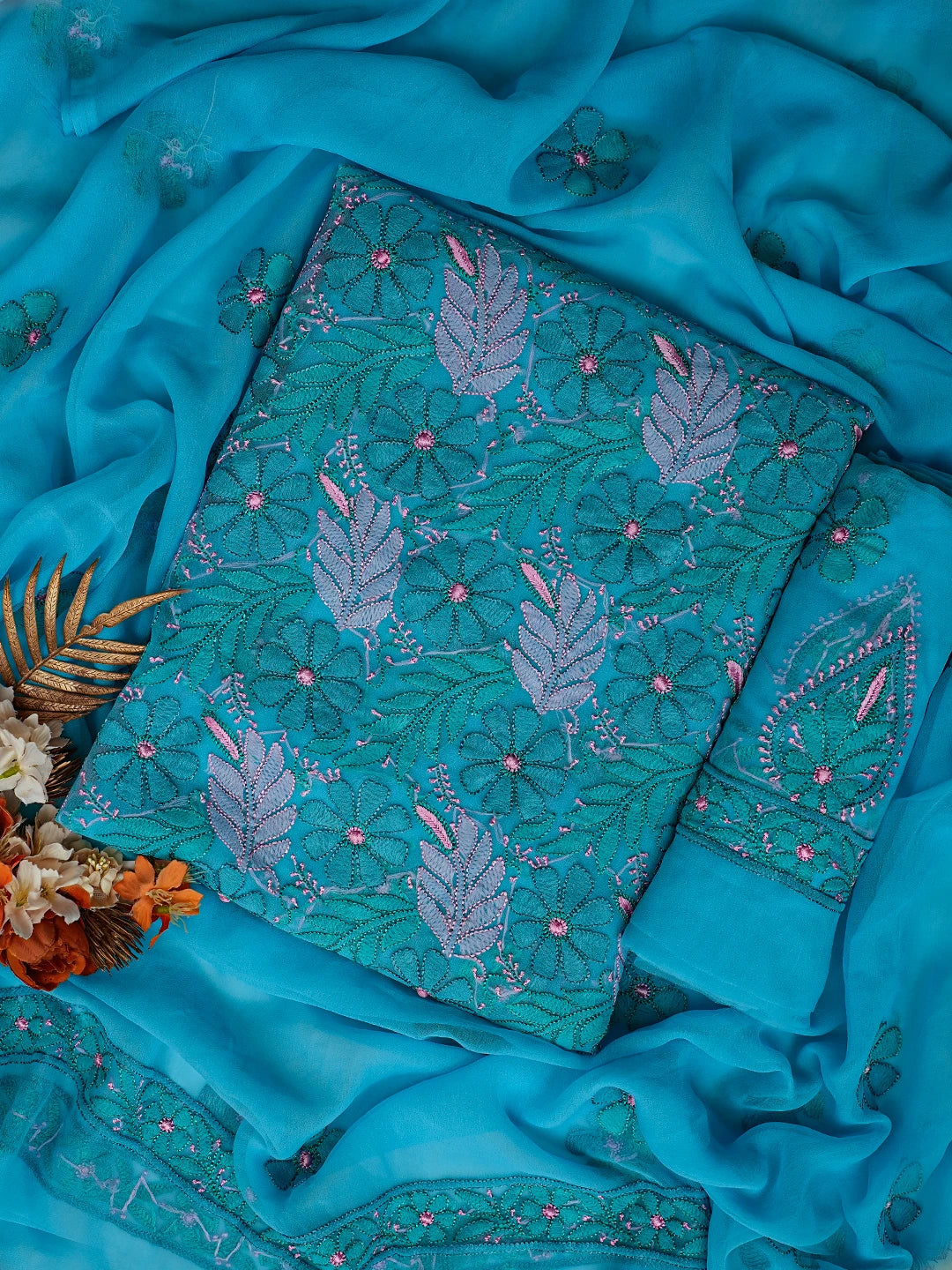 Ada Hand Embroidered Blue Georgette Lucknowi Chikankari Unstitched Suit Piece 01A779874