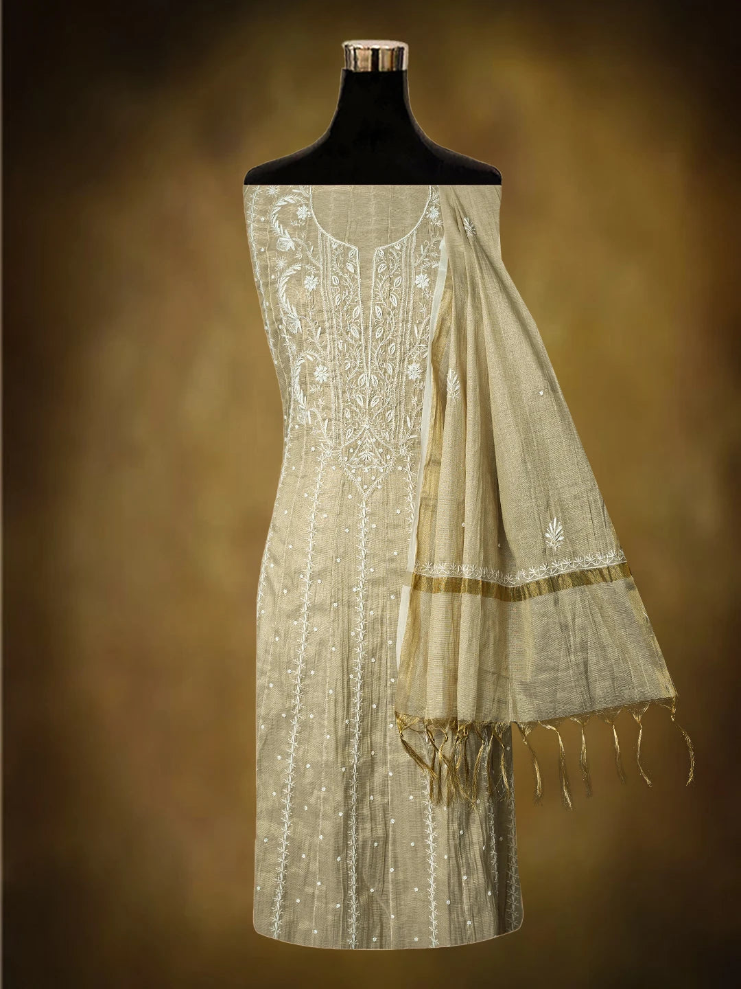 Ada Hand Embroidered Fawn Tissue Lucknowi Chikankari Semi-Stitched Anarkali Kurta Dupatta Set With Cutdana Work 01A799984