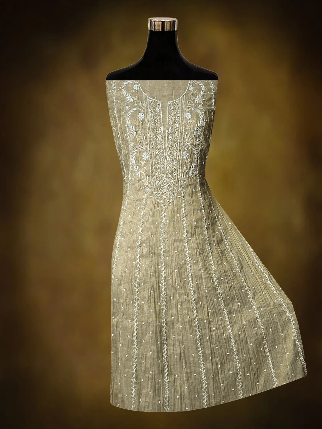 Ada Hand Embroidered Fawn Tissue Lucknowi Chikankari Semi-Stitched Anarkali Kurta Dupatta Set With Cutdana Work 01A799984