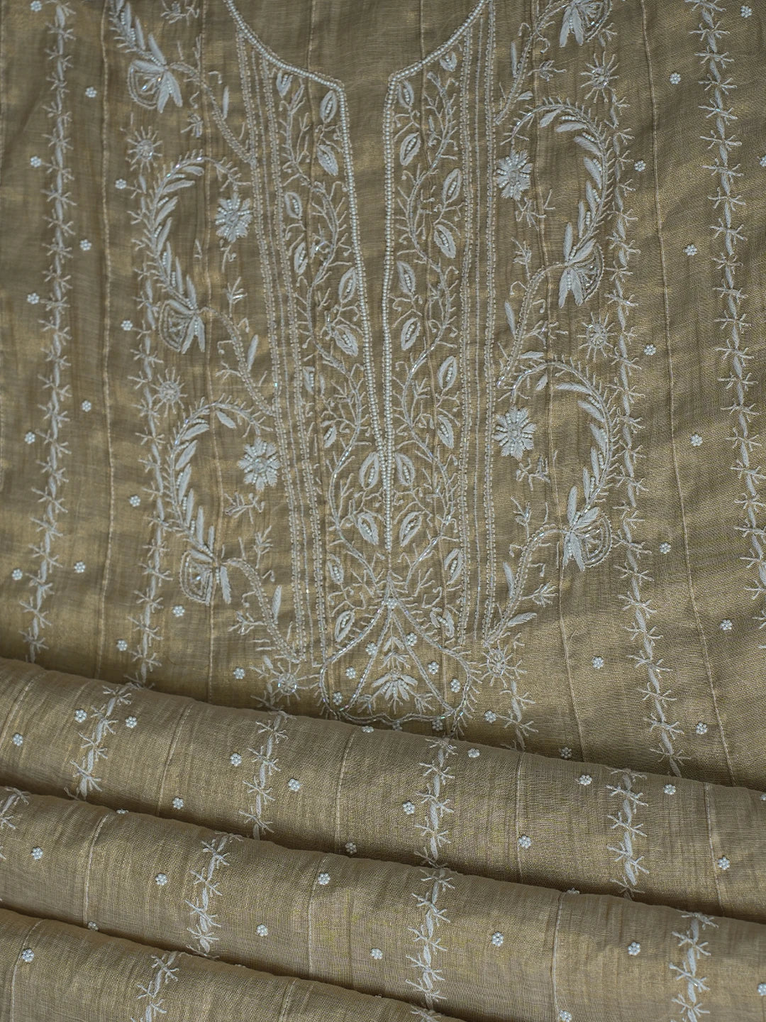 Ada Hand Embroidered Fawn Tissue Lucknowi Chikankari Semi-Stitched Anarkali Kurta Dupatta Set With Cutdana Work 01A799984