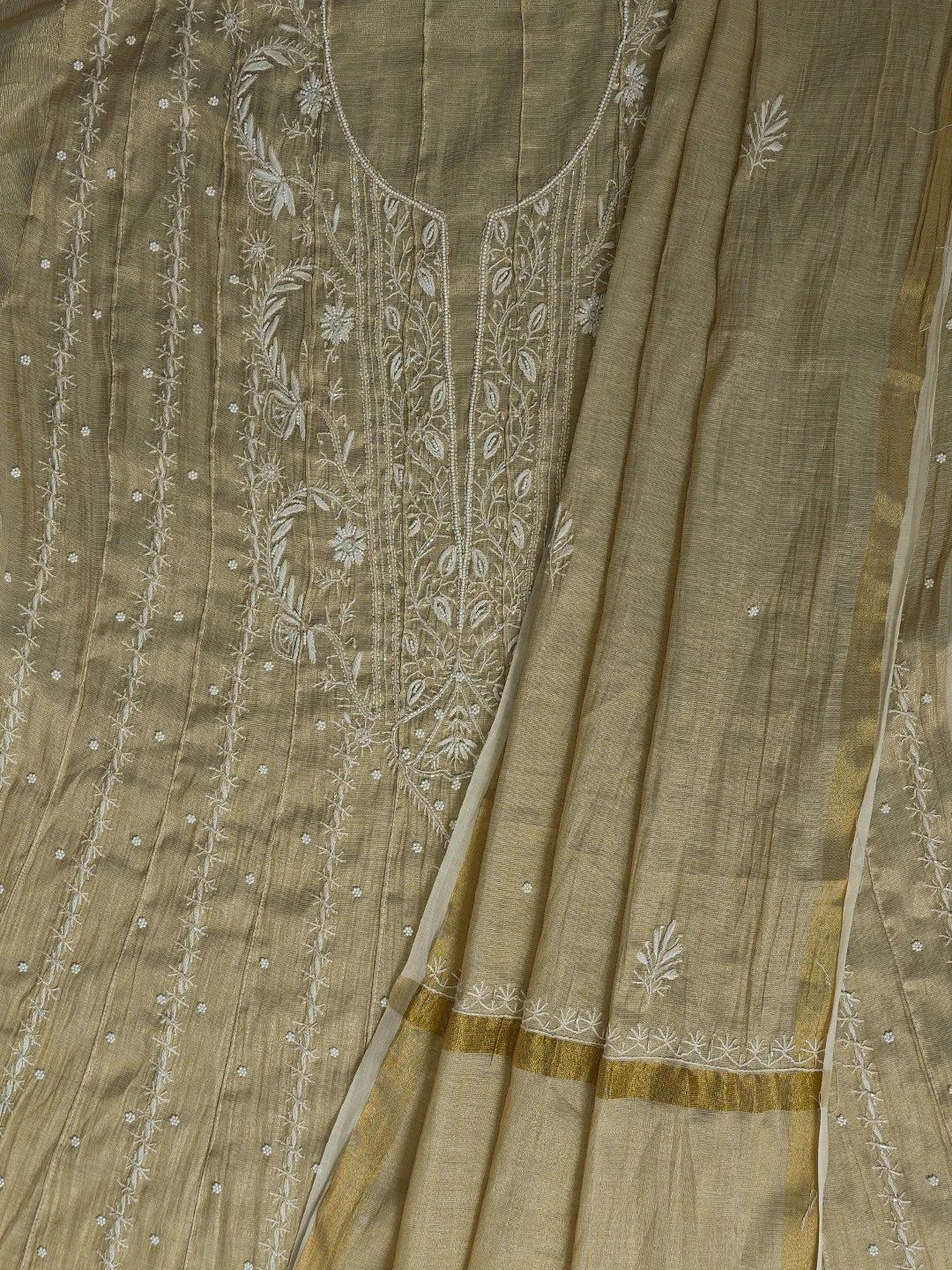 Ada Hand Embroidered Fawn Tissue Lucknowi Chikankari Semi-Stitched Anarkali Kurta Dupatta Set With Cutdana Work 01A799984