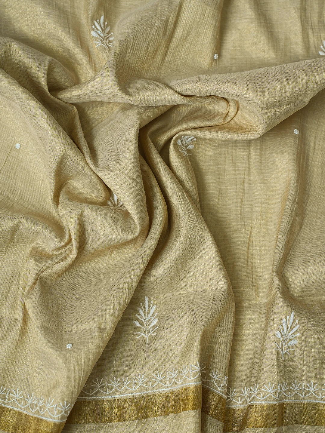 Ada Hand Embroidered Fawn Tissue Lucknowi Chikankari Semi-Stitched Anarkali Kurta Dupatta Set With Cutdana Work 01A799984
