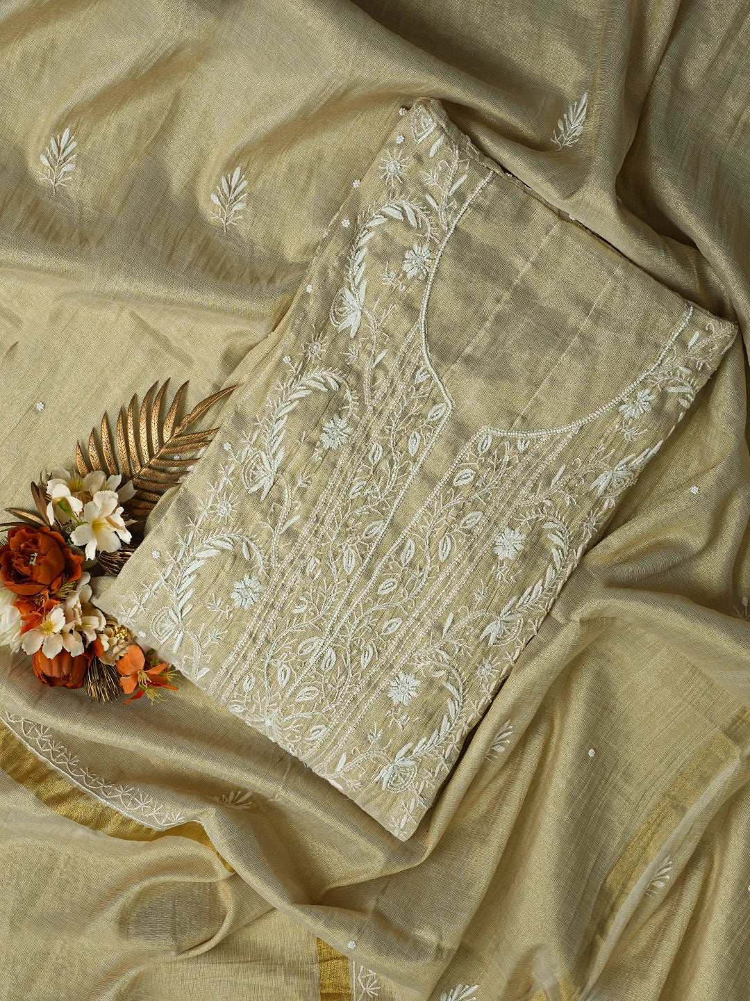 Ada Hand Embroidered Fawn Tissue Lucknowi Chikankari Semi-Stitched Anarkali Kurta Dupatta Set With Cutdana Work 01A799984