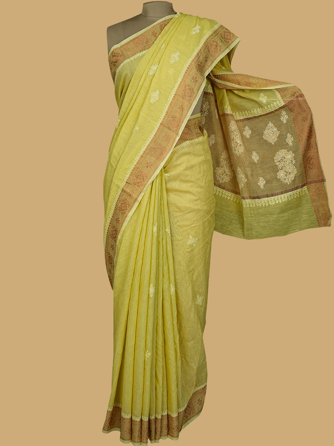 Ada Hand Embroidered Yellow Chanderi Lucknowi Chikankari Saree With Blouse 01A776478