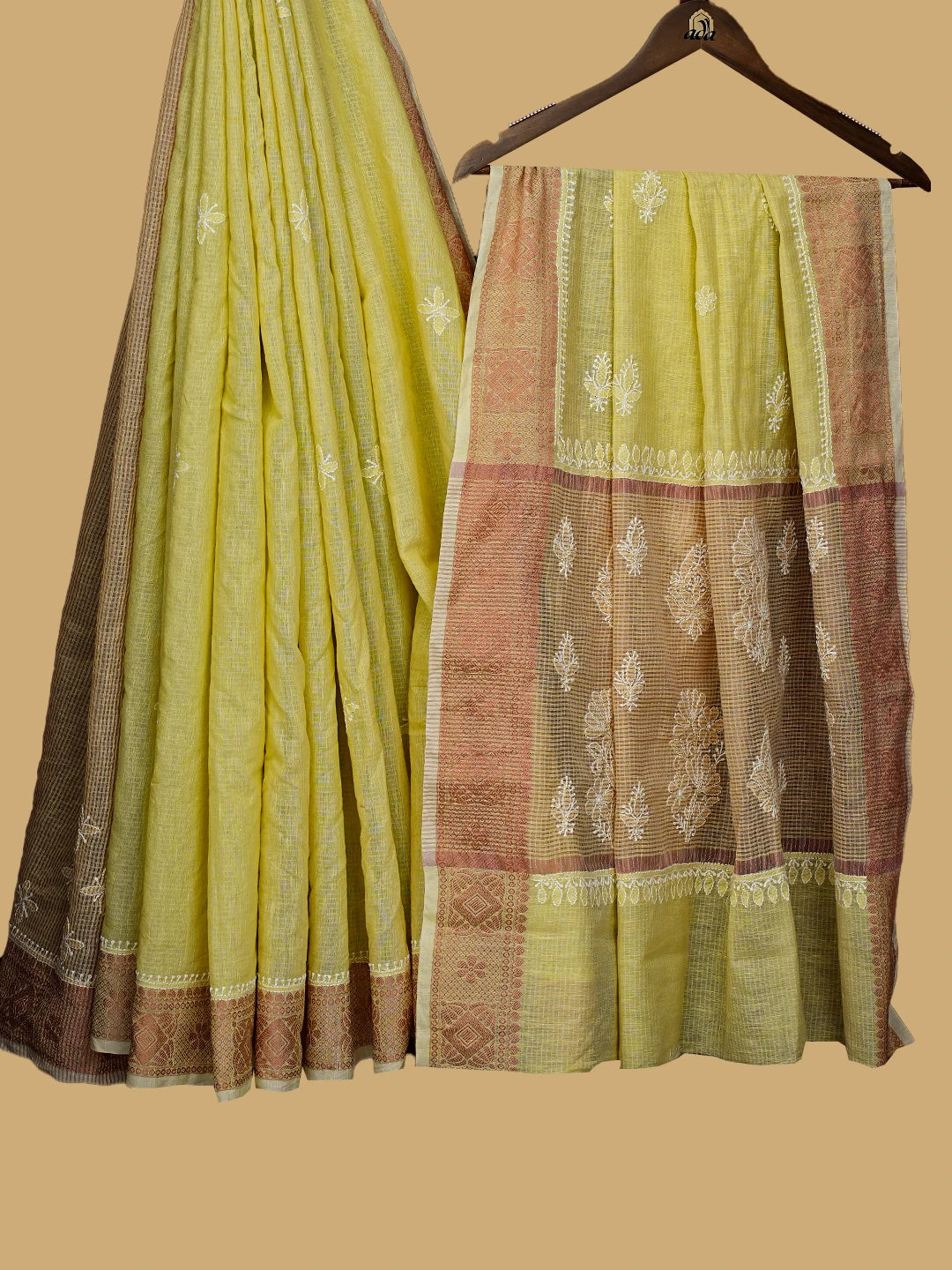 Ada Hand Embroidered Yellow Chanderi Lucknowi Chikankari Saree With Blouse 01A776478