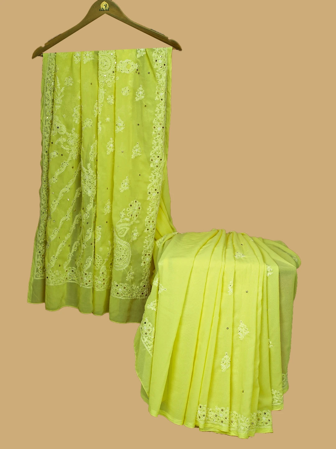 Ada Hand Embroidered Lemon Faux Georgette Lucknowi Chikankari Saree/Blouse With Muqaish Work 01A270382