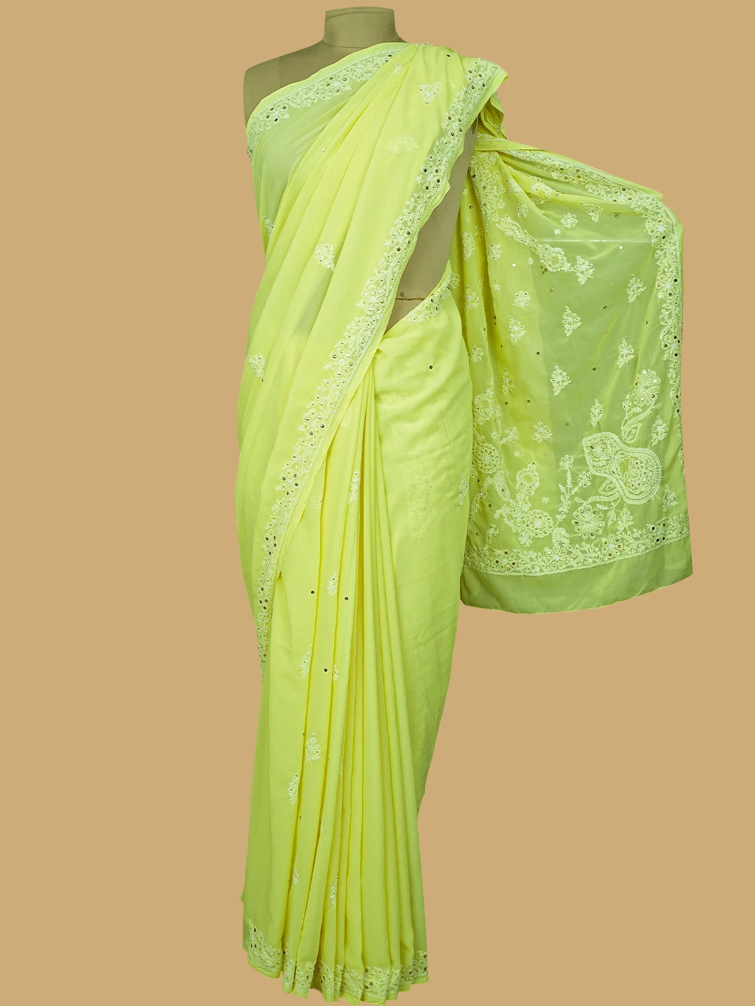 Ada Hand Embroidered Lemon Faux Georgette Lucknowi Chikankari Saree/Blouse With Muqaish Work 01A270382