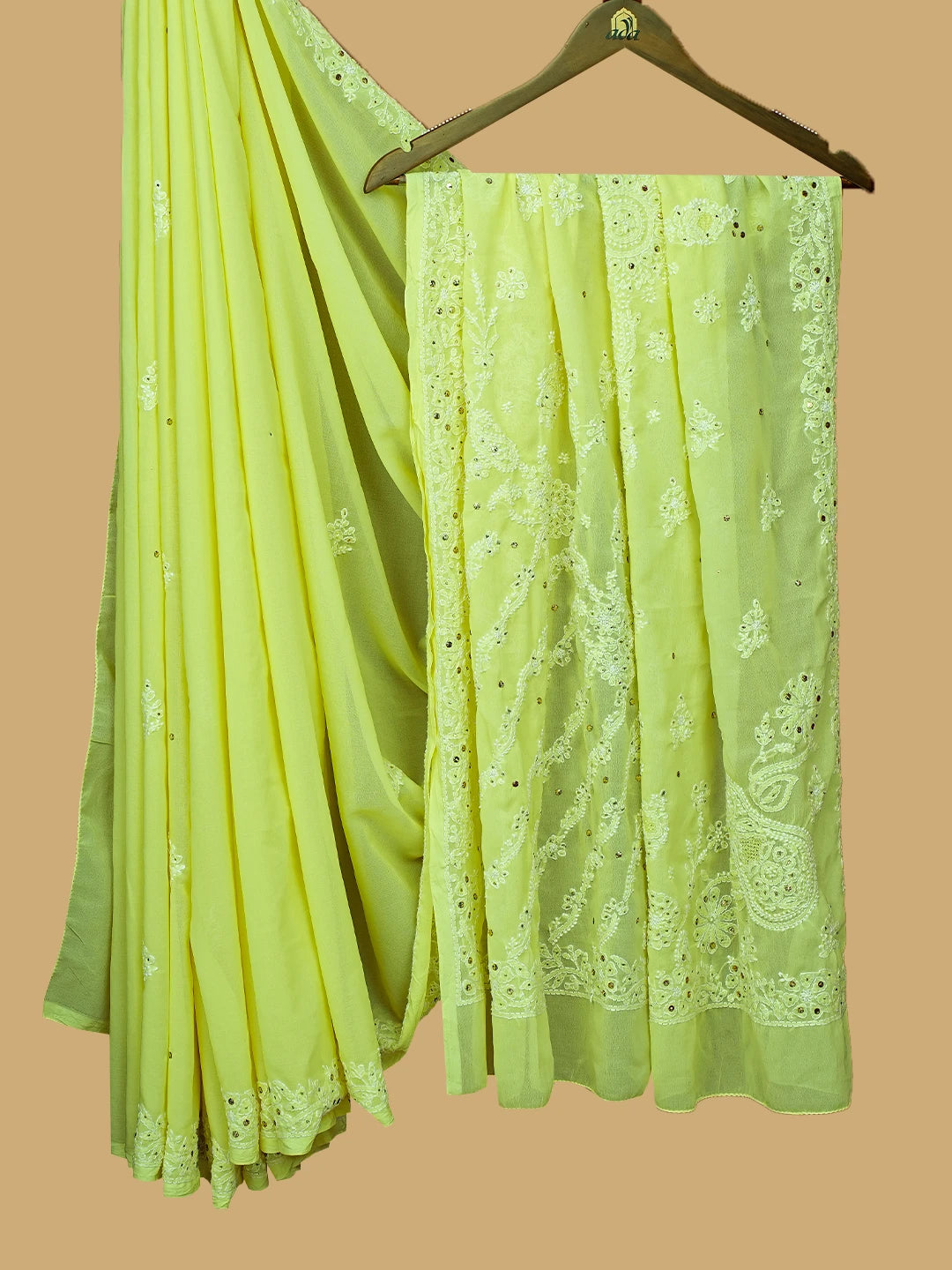 Ada Hand Embroidered Lemon Faux Georgette Lucknowi Chikankari Saree/Blouse With Muqaish Work 01A270382