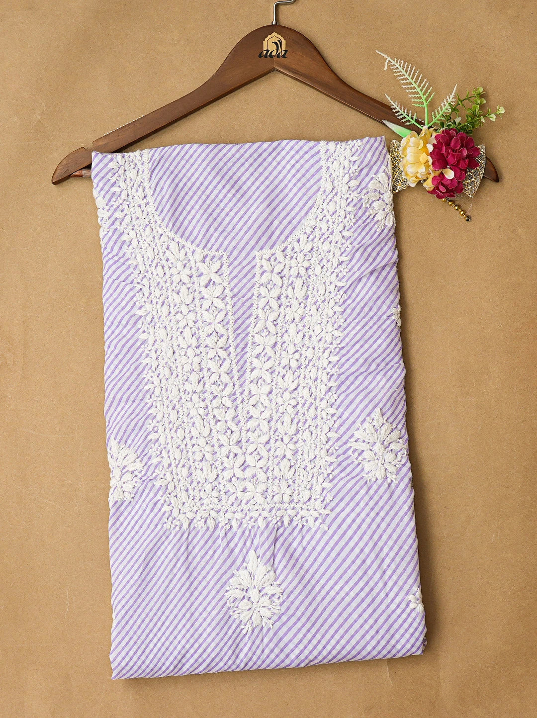 Ada Hand Embroidered Mauve and White Lehariya Print Cotton Lucknowi Chikankari Unstitched Kurta Piece 01A799481