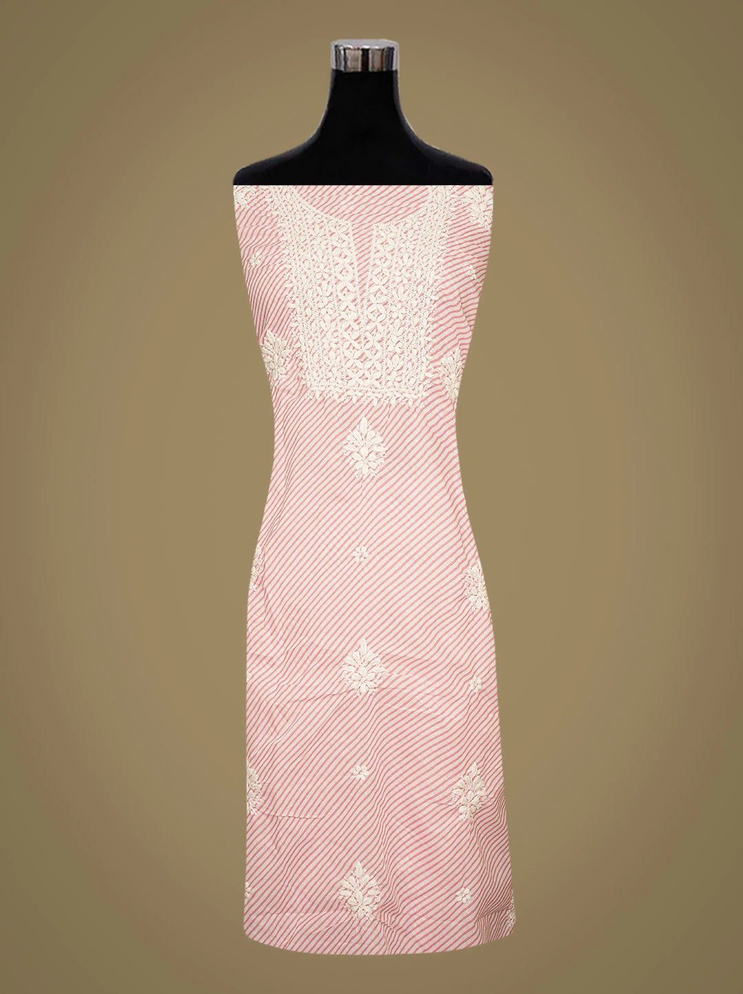 Ada Hand Embroidered Pink and White Lehariya Print Cotton Lucknowi Chikankari Unstitched Kurta Piece 01A799602