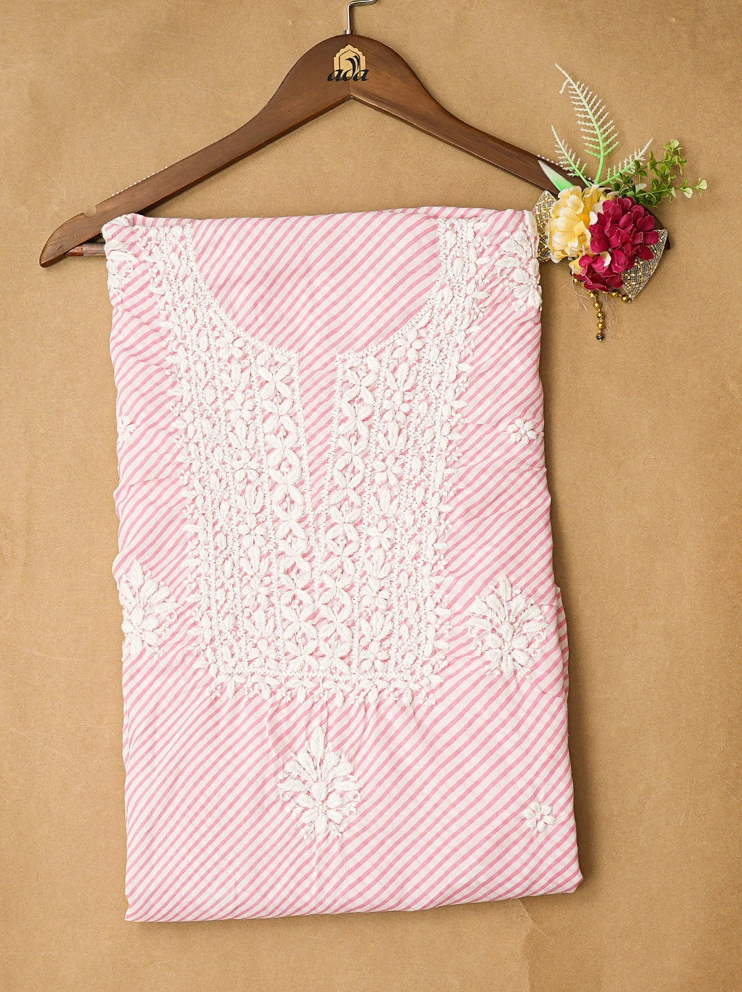Ada Hand Embroidered Pink and White Lehariya Print Cotton Lucknowi Chikankari Unstitched Kurta Piece 01A799602