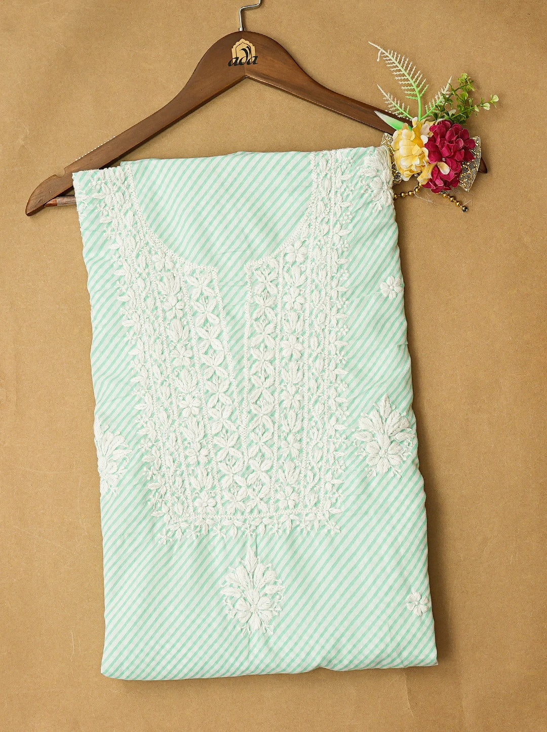 Ada Hand Embroidered Sea Green and White Lehariya Print Cotton Lucknowi Chikankari Unstitched Kurta Piece 01A799585