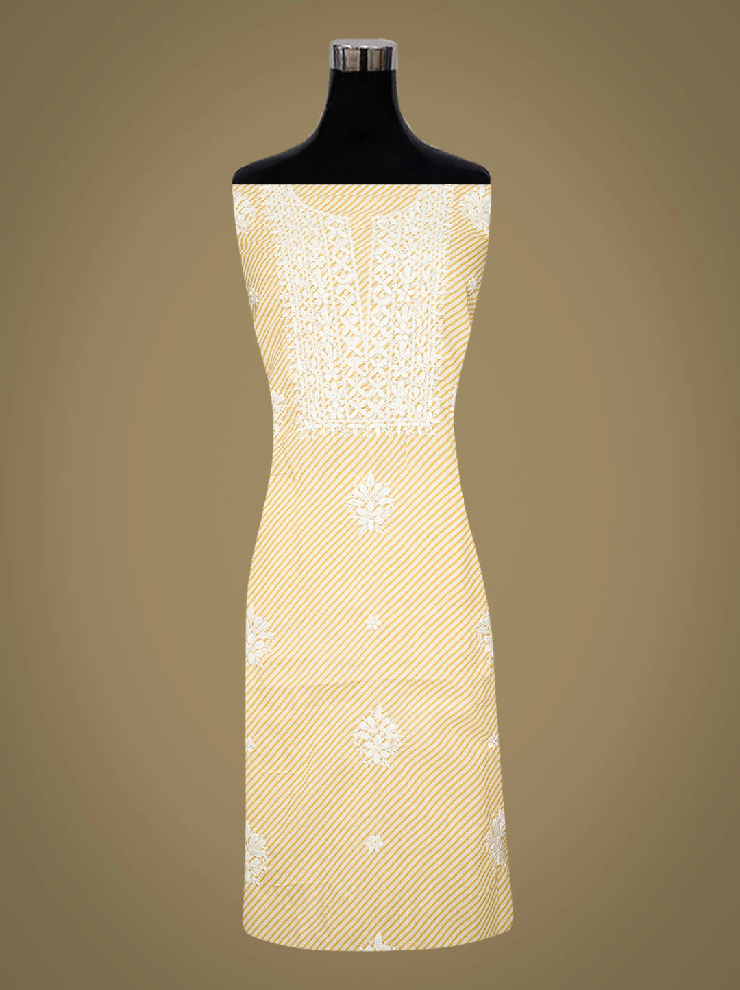 Ada Hand Embroidered Yellow and White Lehariya Print Cotton Lucknowi Chikankari Unstitched Kurta Piece 01A799522