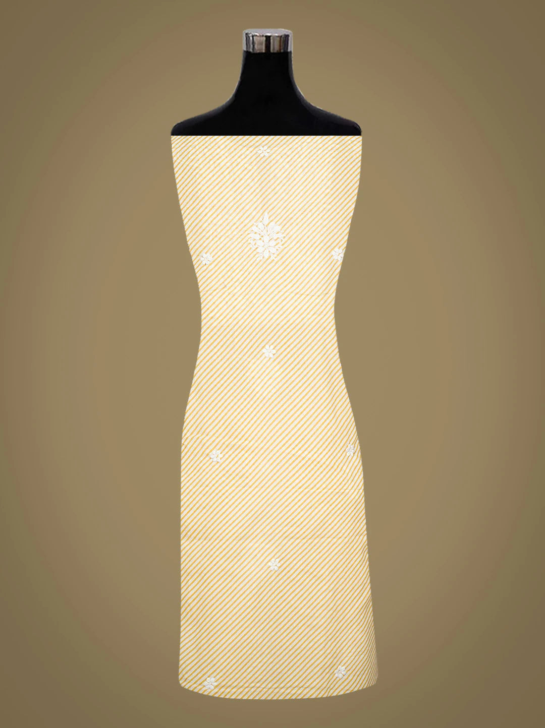 Ada Hand Embroidered Yellow and White Lehariya Print Cotton Lucknowi Chikankari Unstitched Kurta Piece 01A799522