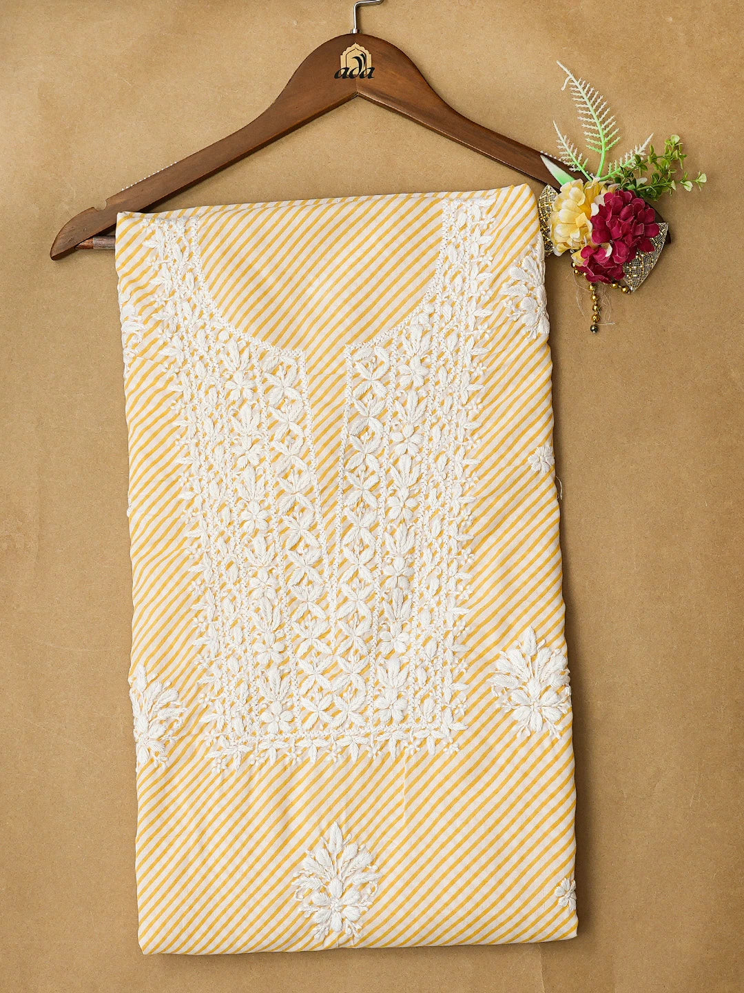 Ada Hand Embroidered Yellow and White Lehariya Print Cotton Lucknowi Chikankari Unstitched Kurta Piece 01A799522