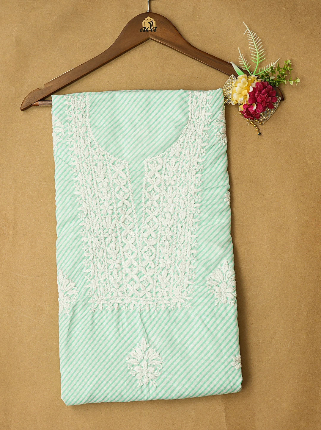 Ada Hand Embroidered Sea Green and White Lehariya Print Cotton Lucknowi Chikankari Unstitched Kurta Piece 01A799587