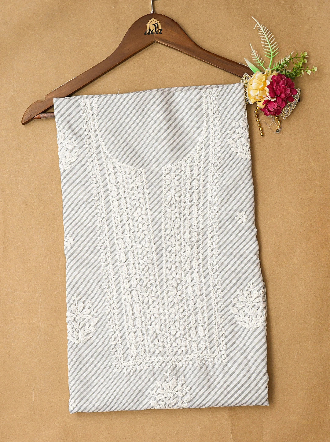 Ada Hand Embroidered Grey and White Lehariya Print Cotton Lucknowi Chikankari Unstitched Kurta Piece 01A799463