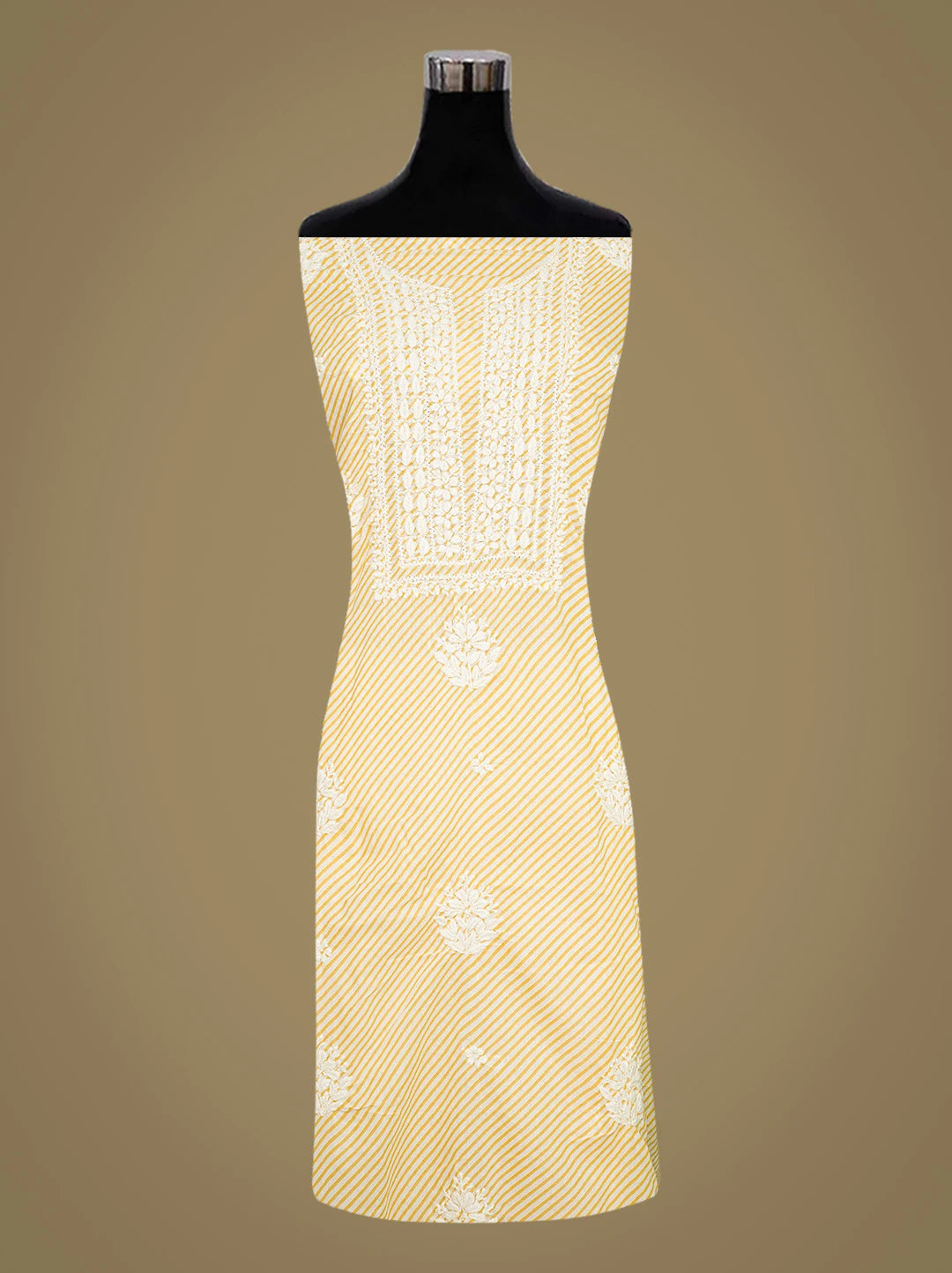 Ada Hand Embroidered Yellow and White Lehariya Print Cotton Lucknowi Chikankari Unstitched Kurta Piece 01A799516
