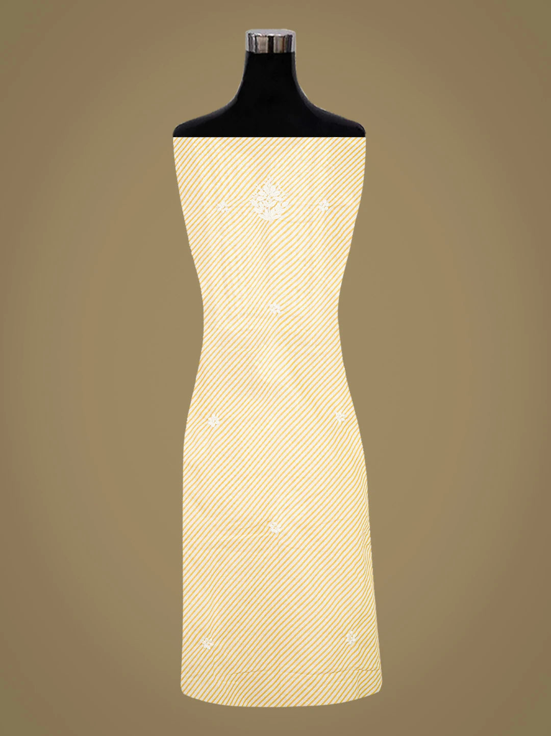 Ada Hand Embroidered Yellow and White Lehariya Print Cotton Lucknowi Chikankari Unstitched Kurta Piece 01A799516
