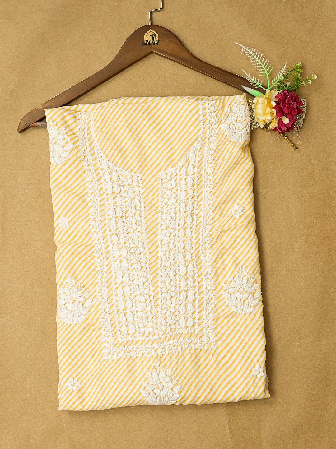 Ada Hand Embroidered Yellow and White Lehariya Print Cotton Lucknowi Chikankari Unstitched Kurta Piece 01A799516