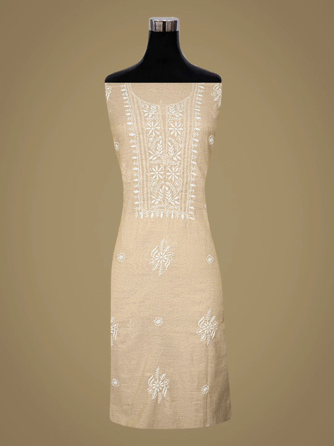 Ada Hand Embroidered Fawn Tissue Lucknowi Chikankari Unstitched Kurta Dupatta Set 01A750233