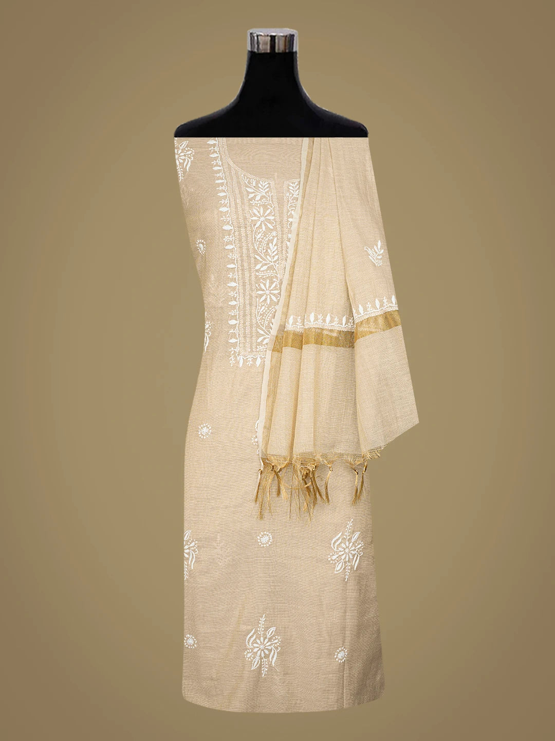 Ada Hand Embroidered Fawn Tissue Lucknowi Chikankari Unstitched Kurta Dupatta Set 01A750233