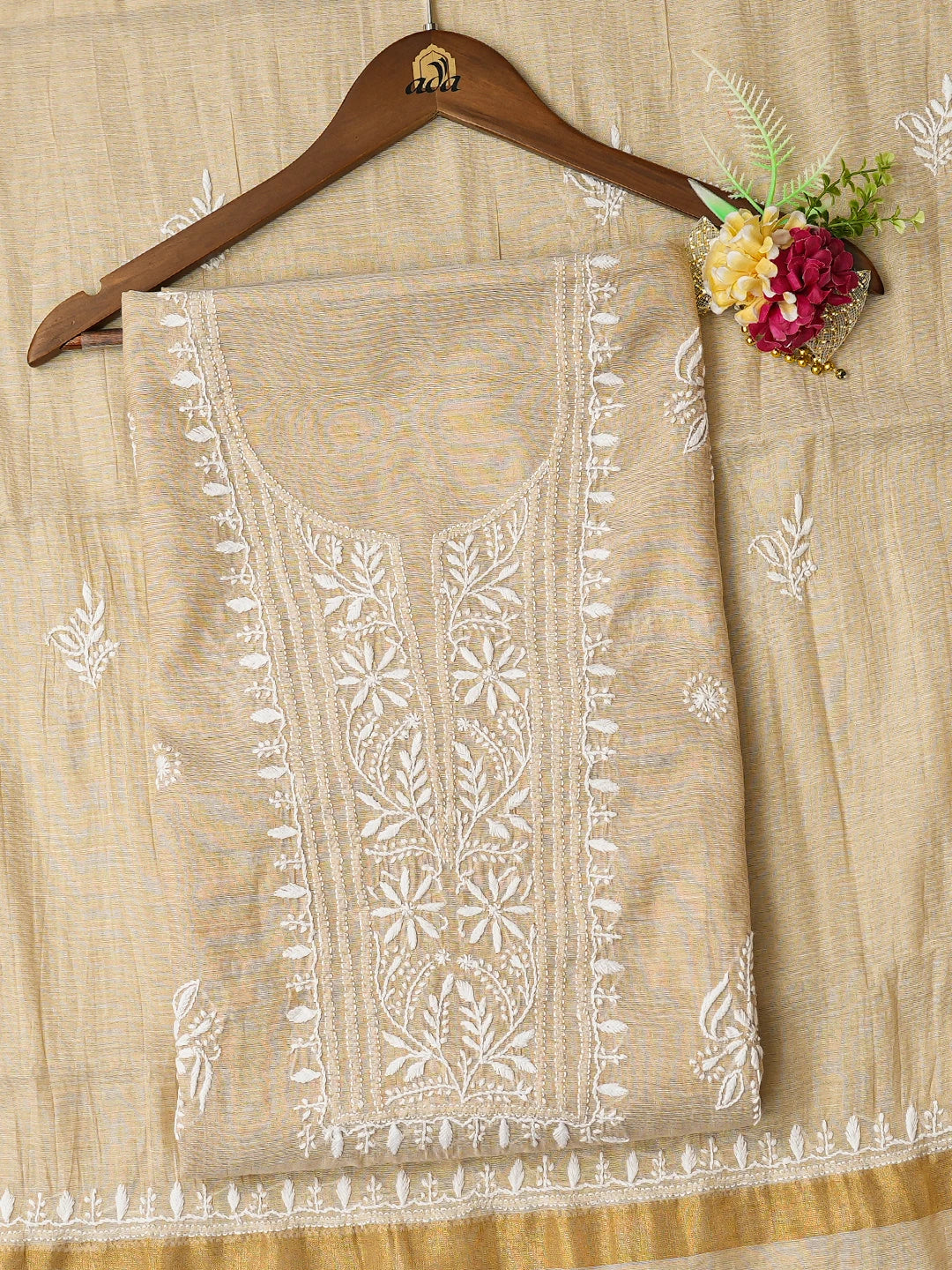 Ada Hand Embroidered Fawn Tissue Lucknowi Chikankari Unstitched Kurta Dupatta Set 01A750233