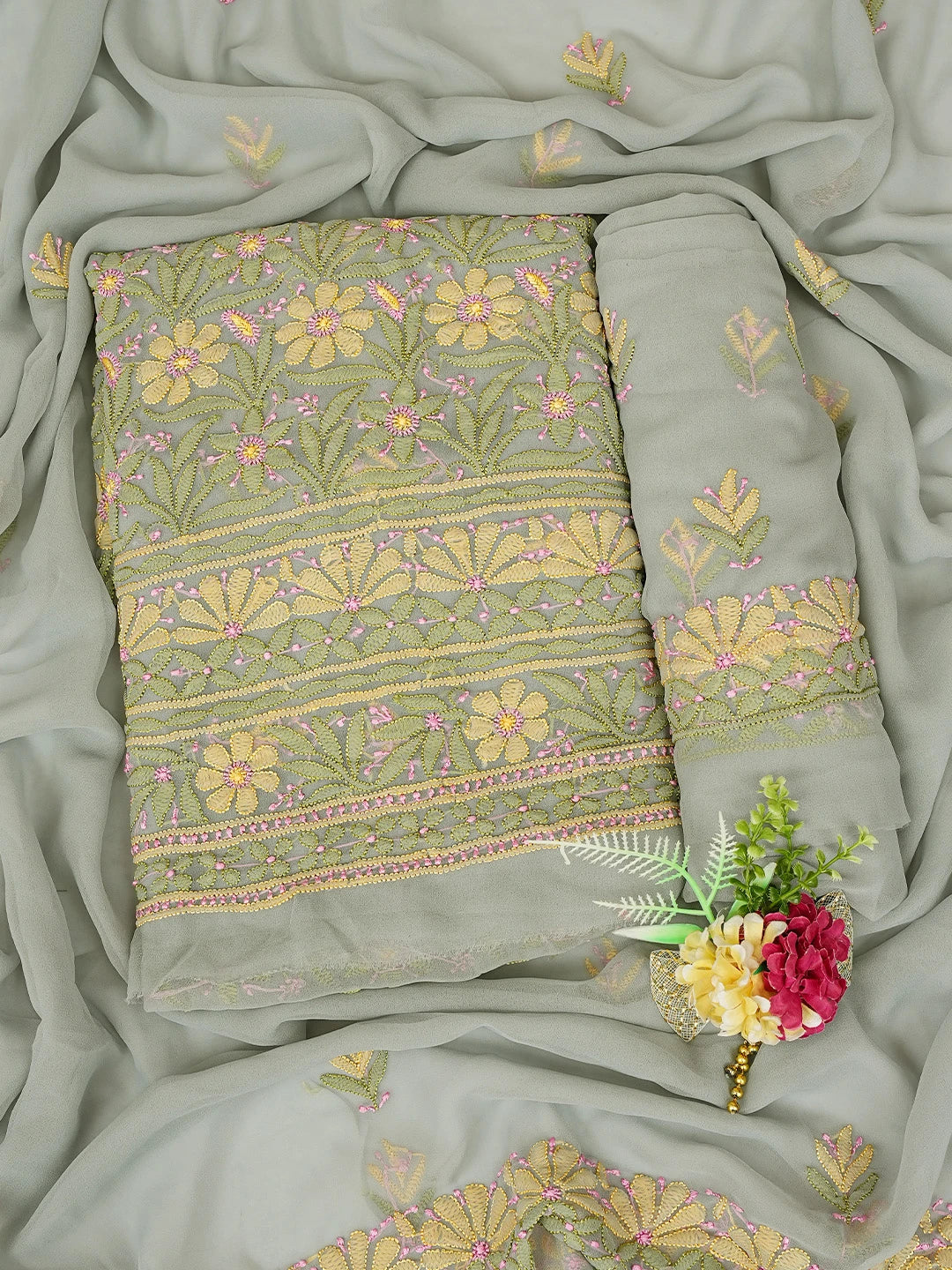 Ada Hand Embroidered Grey Georgette Lucknowi Chikankari Unstitched Suit Piece 01A799930
