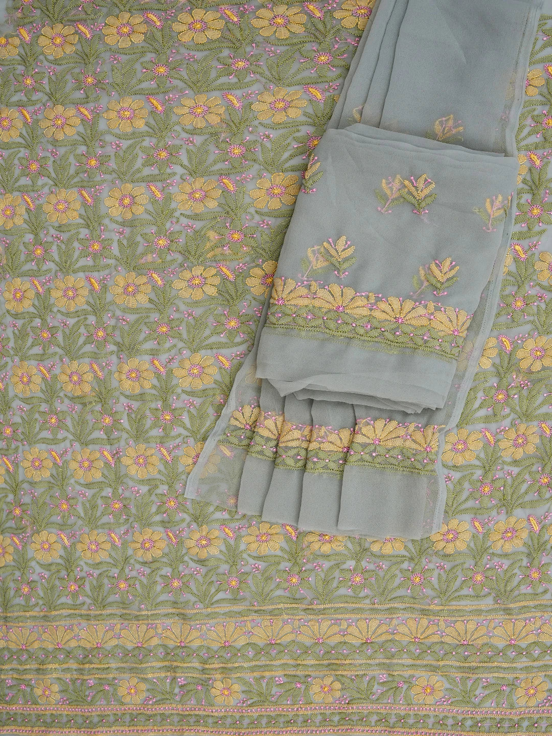 Ada Hand Embroidered Grey Georgette Lucknowi Chikankari Unstitched Suit Piece 01A799930