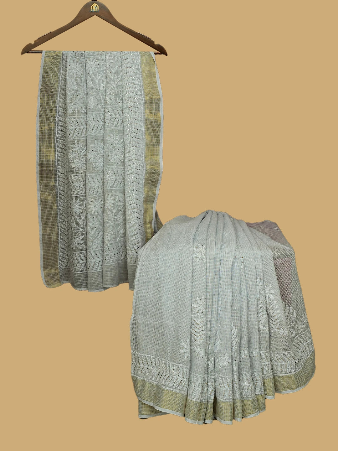 Ada Hand Embroidered Grey Kota Lucknowi Chikankari Saree and Blouse With Muqaish Work 01A719144