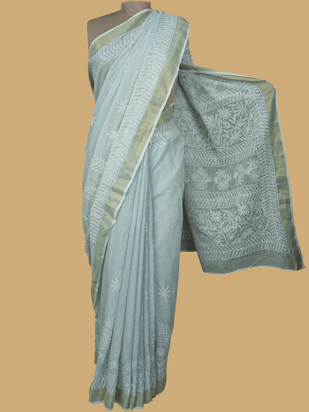 Ada Hand Embroidered Grey Kota Lucknowi Chikankari Saree and Blouse With Muqaish Work 01A719144