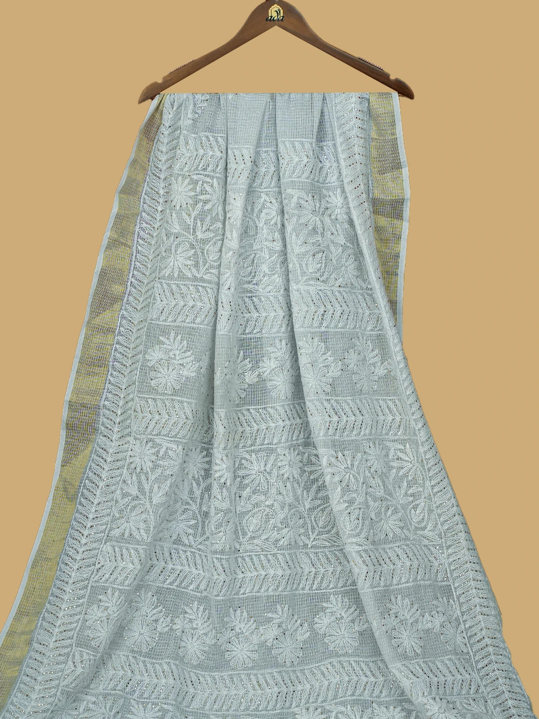Ada Hand Embroidered Grey Kota Lucknowi Chikankari Saree and Blouse With Muqaish Work 01A719144
