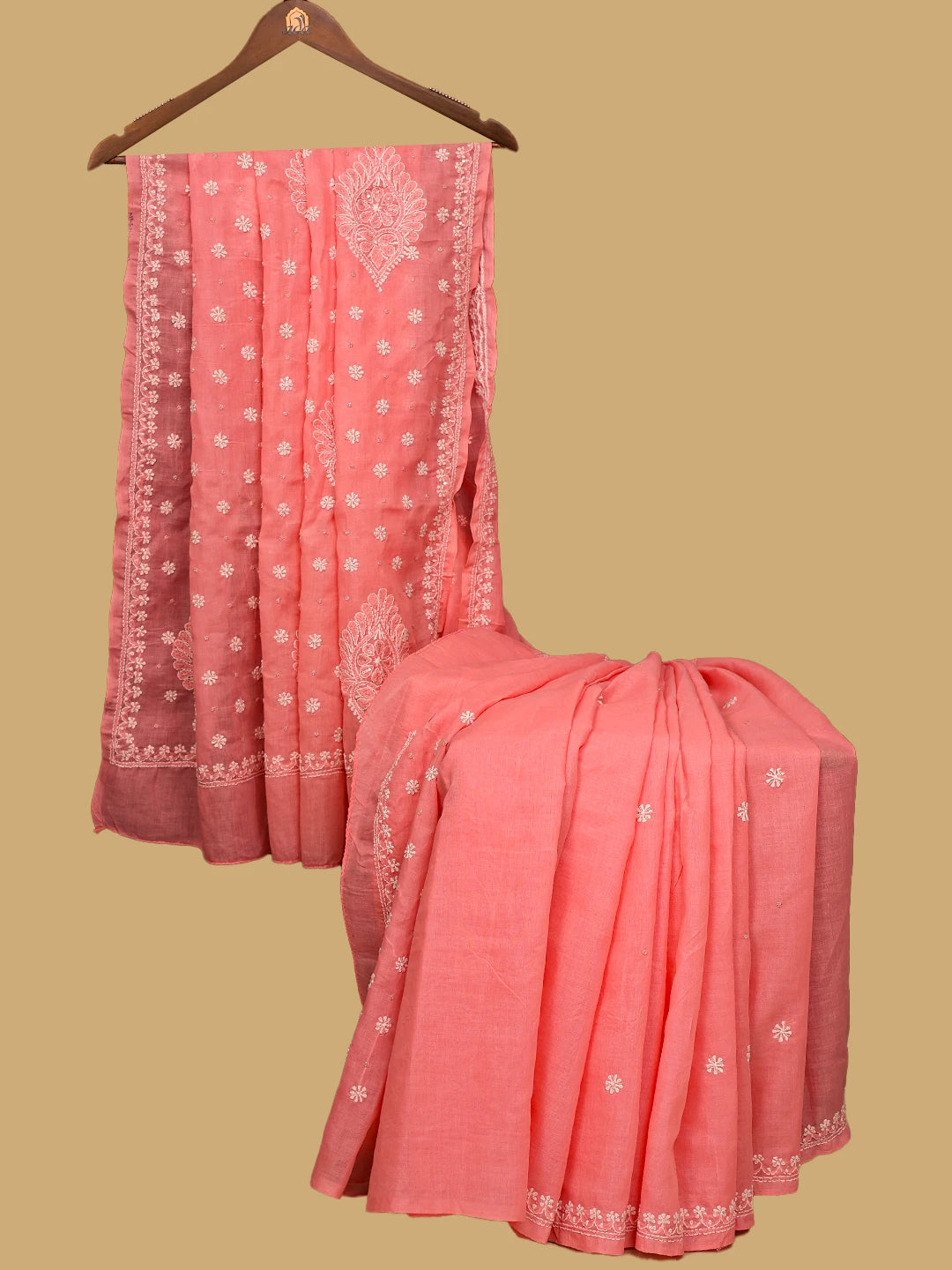 Ada Hand Embroidered Peach Cotton Lucknowi Chikankari Saree and Blouse With Sequinned Work 01A410454