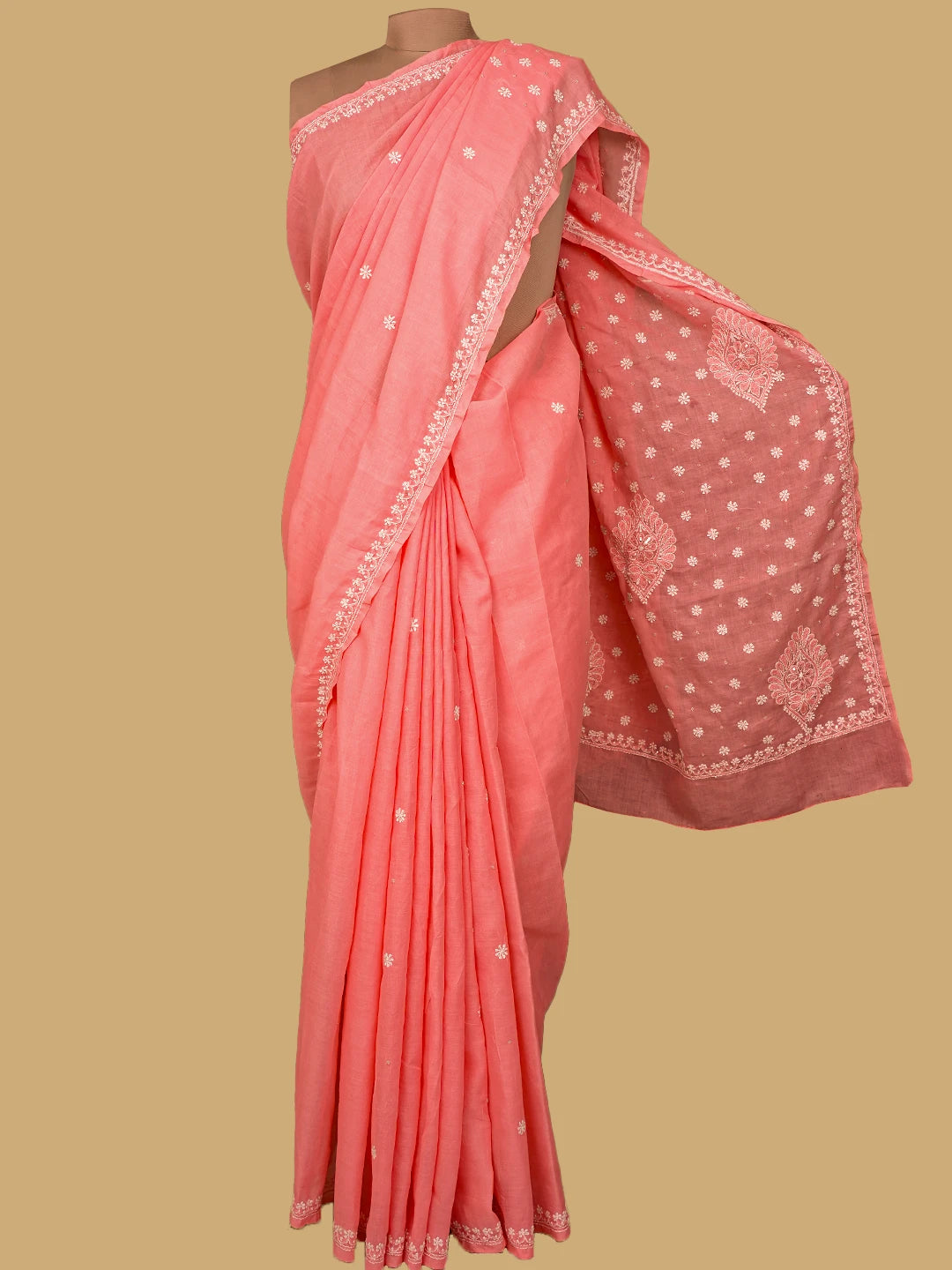 Ada Hand Embroidered Peach Cotton Lucknowi Chikankari Saree and Blouse With Sequinned Work 01A410454