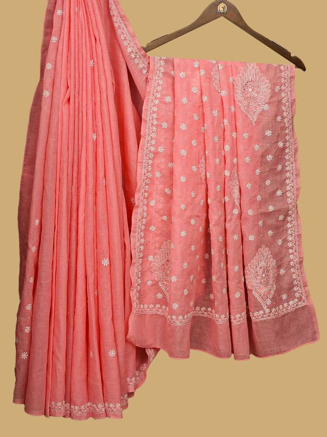 Ada Hand Embroidered Peach Cotton Lucknowi Chikankari Saree and Blouse With Sequinned Work 01A410454