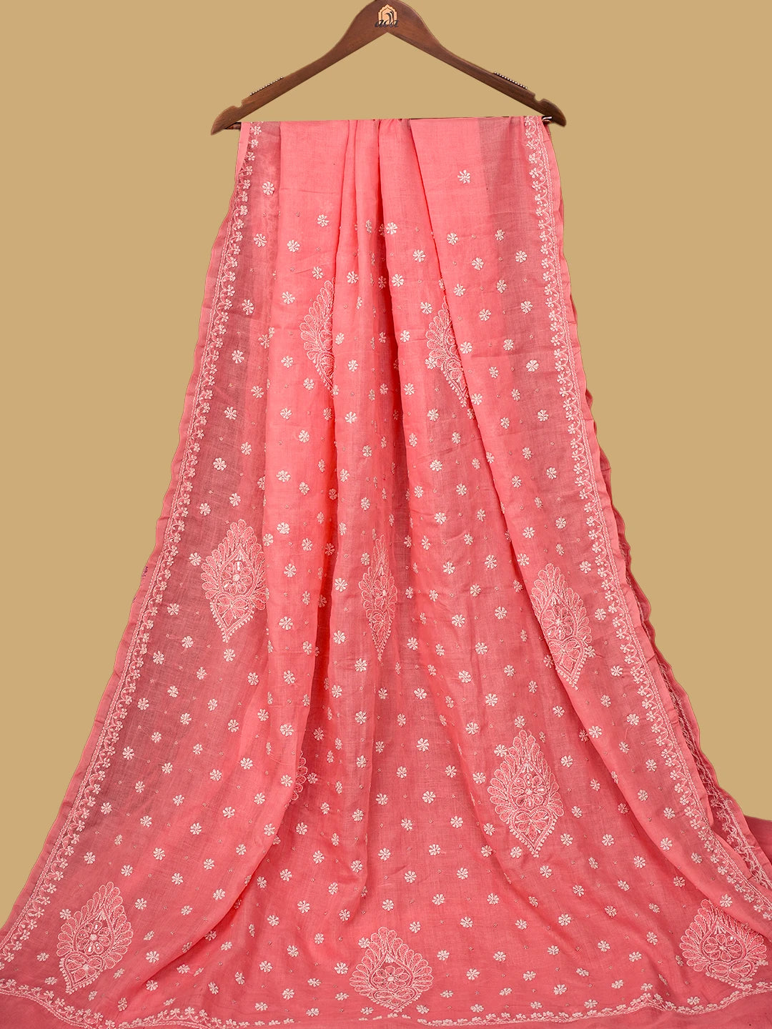 Ada Hand Embroidered Peach Cotton Lucknowi Chikankari Saree and Blouse With Sequinned Work 01A410454