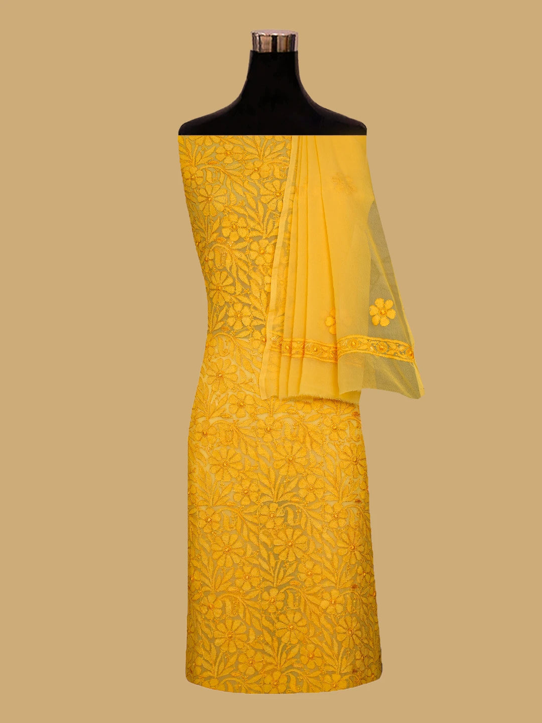 Ada Hand Embroidered Yellow Georgette Lucknowi Chikankari Unstitched Suit Piece 01A779904