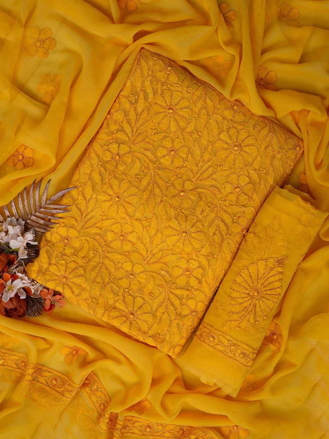 Ada Hand Embroidered Yellow Georgette Lucknowi Chikankari Unstitched Suit Piece 01A779904