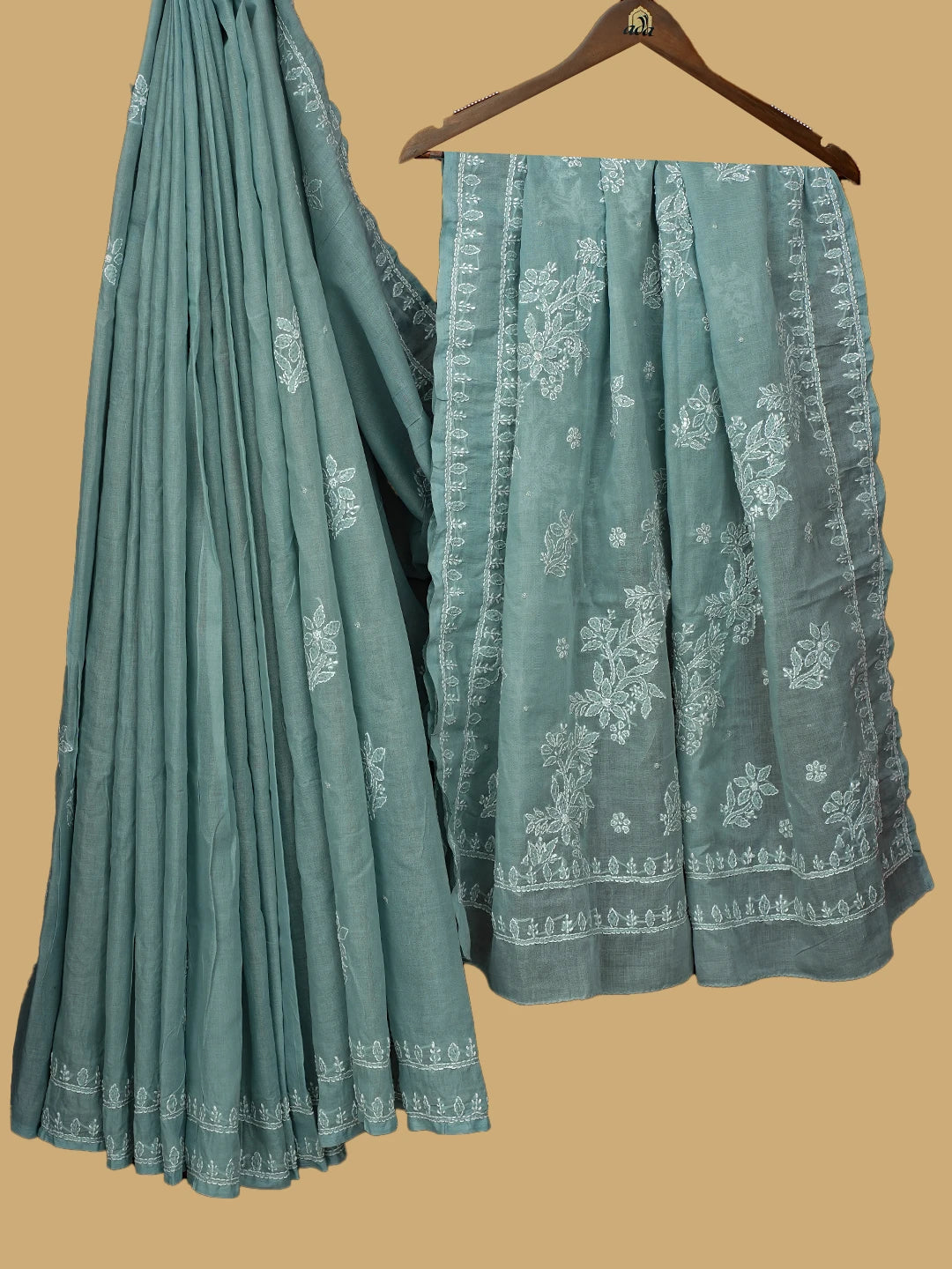 Ada Hand Embroidered Cadet Gray Cotton Lucknowi Chikankari Saree and Blouse With Sequinned Work 01A732779