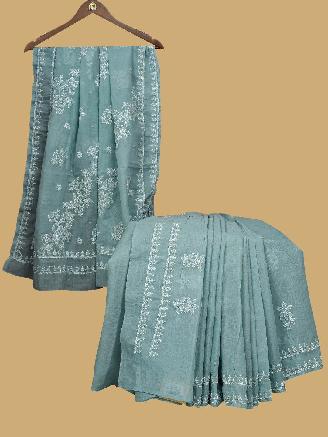 Ada Hand Embroidered Cadet Gray Cotton Lucknowi Chikankari Saree and Blouse With Sequinned Work 01A732779