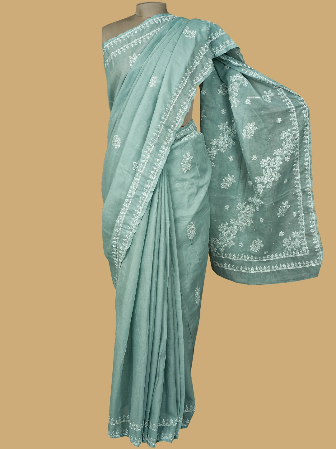 Ada Hand Embroidered Cadet Gray Cotton Lucknowi Chikankari Saree and Blouse With Sequinned Work 01A732779