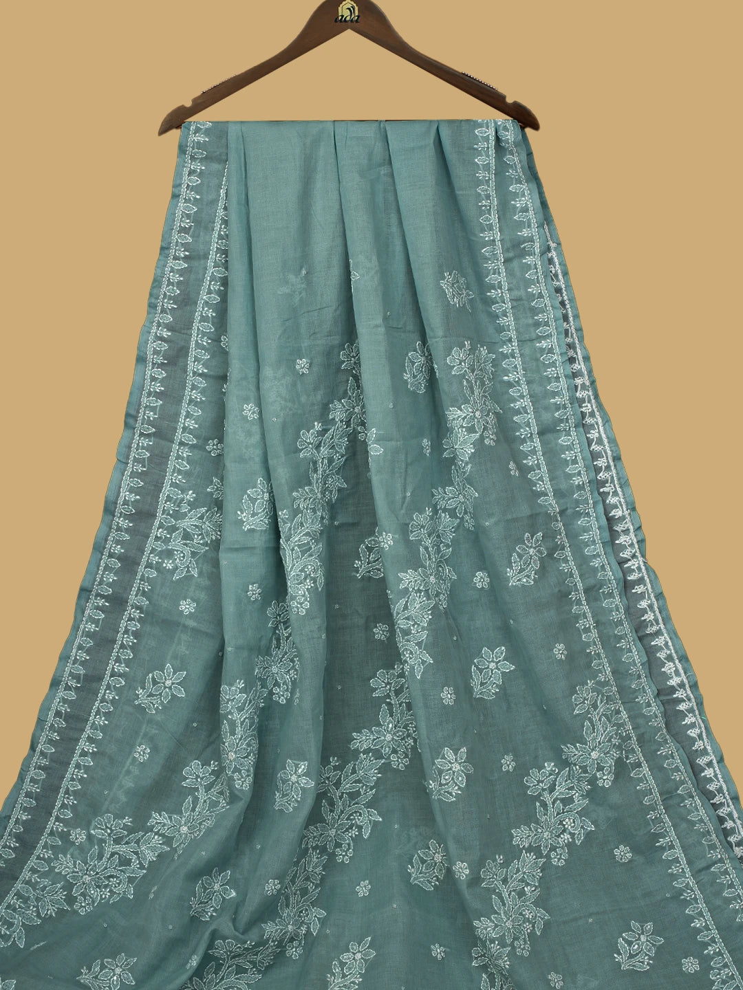 Ada Hand Embroidered Cadet Gray Cotton Lucknowi Chikankari Saree and Blouse With Sequinned Work 01A732779