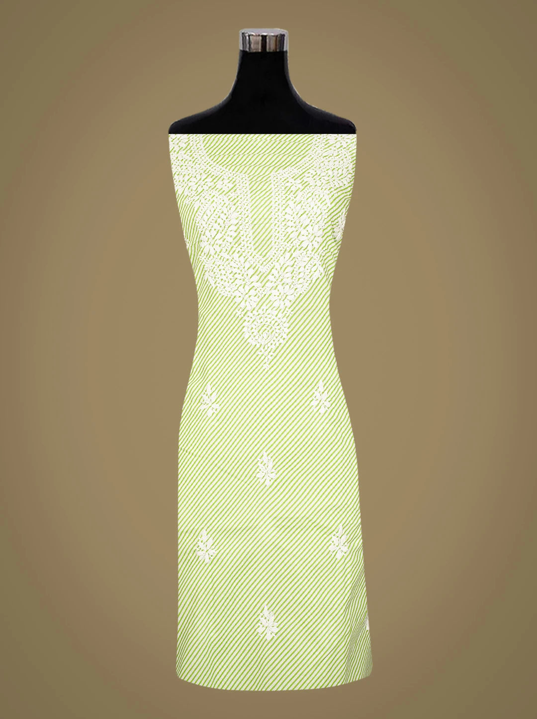 Ada Hand Embroidered Green and White Lehariya Print Cotton Lucknowi Chikankari Unstitched Kurta Piece 01A799493