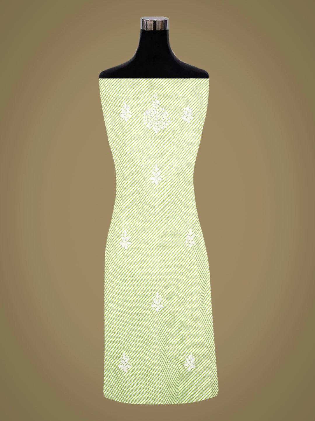 Ada Hand Embroidered Green and White Lehariya Print Cotton Lucknowi Chikankari Unstitched Kurta Piece 01A799493