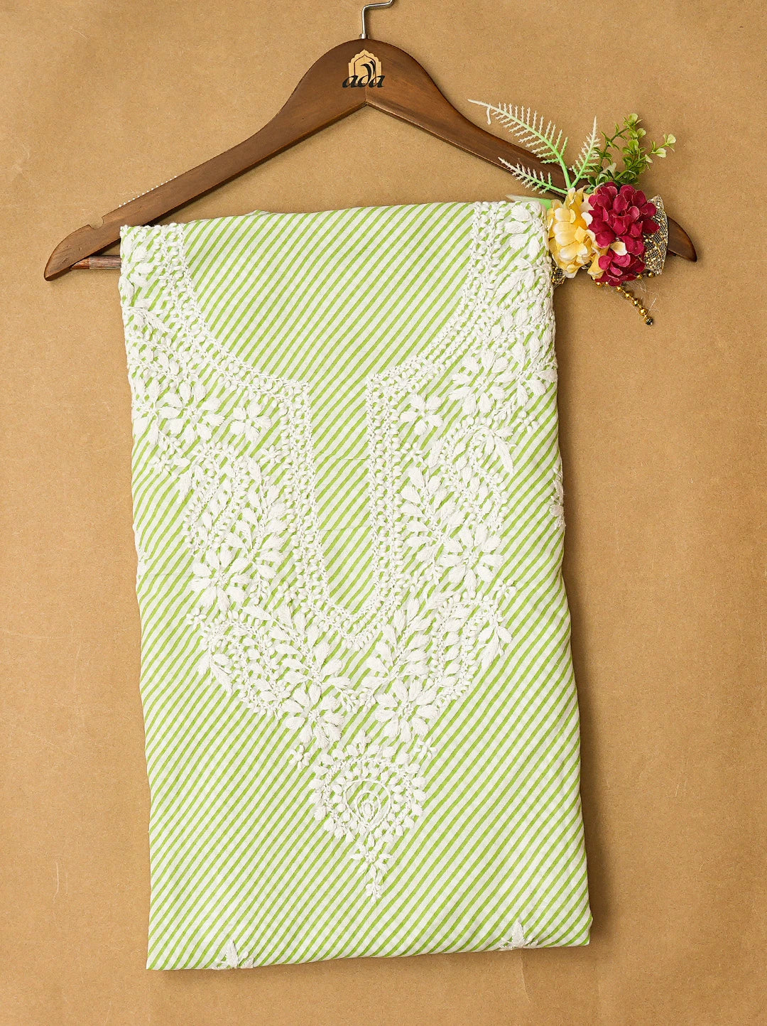Ada Hand Embroidered Green and White Lehariya Print Cotton Lucknowi Chikankari Unstitched Kurta Piece 01A799493