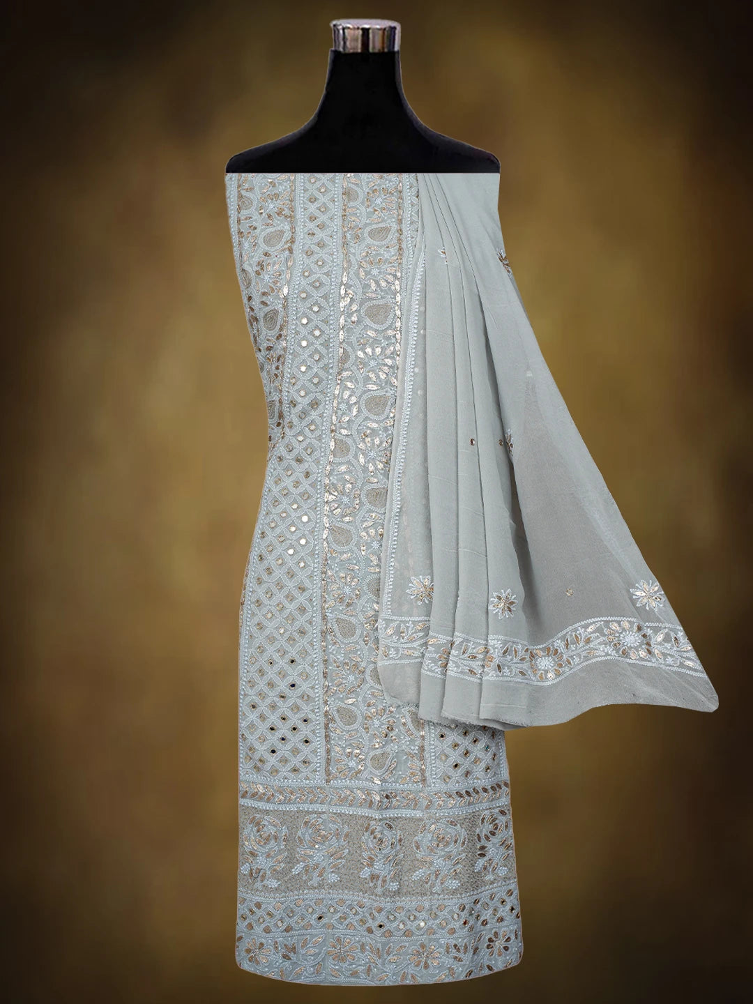 Ada Hand Embroidered Grey Pure Georgette Lucknowi Chikankari Semi-Stitched Anarkali Kurta Dupatta Set With Zari Work 01A777353