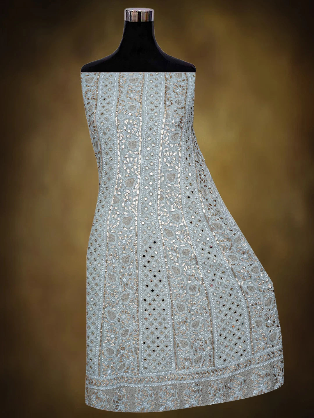 Ada Hand Embroidered Grey Pure Georgette Lucknowi Chikankari Semi-Stitched Anarkali Kurta Dupatta Set With Zari Work 01A777353